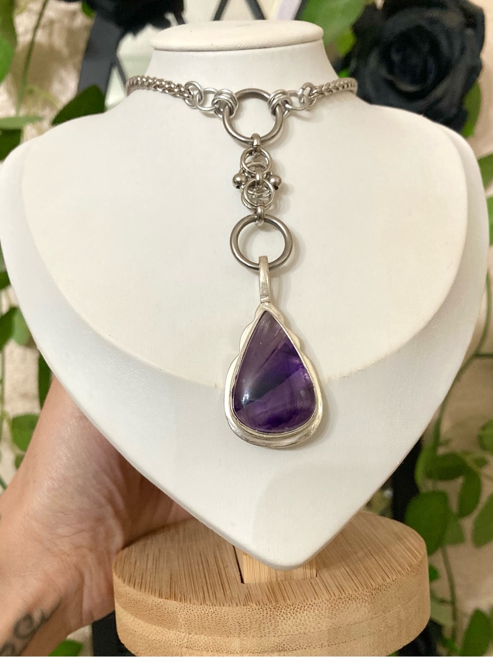 925 sterling silver amethyst charm on steel y shape Celtic knot chain - Picture 10 of 14